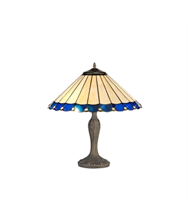 Solana 2 Light Curved Table Lamp E27 With 40cm Tiffany Shade, Blue-Cream-Crystal-Aged Antique Brass
