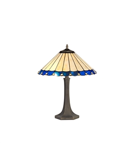 Solana 2 Light Octagonal Table Lamp E27 With 40cm Tiffany Shade, Blue-Cream-Crystal-Aged Antique Brass