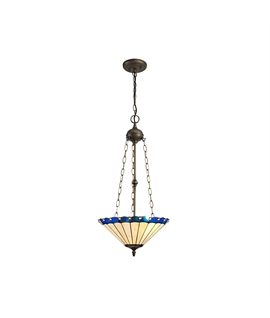 Solana 3 Light Uplighter Pendant E27 With 40cm Tiffany Shade, Blue-Cream-Crystal-Aged Antique Brass