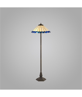 Solana 2 Light Octagonal Floor Lamp E27 With 40cm Tiffany Shade, Blue-Cream-Crystal-Aged Antique Brass