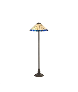 Solana 2 Light Octagonal Floor Lamp E27 With 40cm Tiffany Shade, Blue-Cream-Crystal-Aged Antique Brass