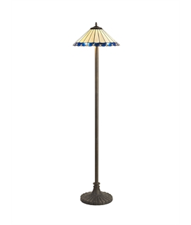 Solana 2 Light Stepped Design Floor Lamp E27 With 40cm Tiffany Shade, Blue-Cream-Crystal-Aged Antique Brass