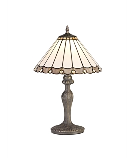Solana 1 Light Curved Table Lamp E27 With 30cm Tiffany Shade, Grey-Cream-Crystal-Aged Antique Brass