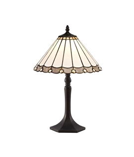 Solana 1 Light Octagonal Table Lamp E27 With 30cm Tiffany Shade, Grey-Cream-Crystal-Aged Antique Brass