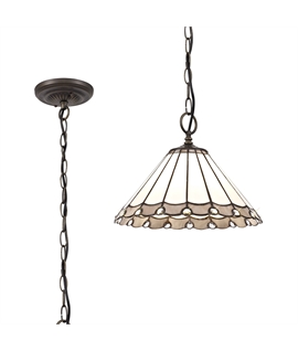 Solana 1 Light Downlighter Pendant E27 With 30cm Tiffany Shade, Grey-Cream-Crystal-Aged Antique Brass
