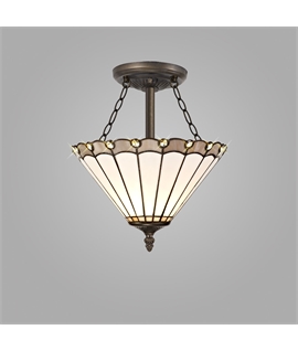 Solana 3 Light Semi Flush E27 With 30cm Tiffany Shade, Grey-Cream-Crystal-Aged Antique Brass