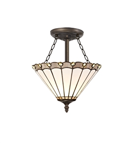 Solana 3 Light Semi Flush E27 With 30cm Tiffany Shade, Grey-Cream-Crystal-Aged Antique Brass
