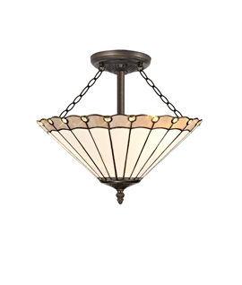 Solana 3 Light Semi Flush E27 With 40cm Tiffany Shade, Grey-Cream-Crystal-Aged Antique Brass