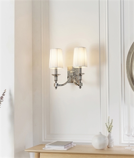 Double Arm Chrome Wall Light with Pleated White Shades