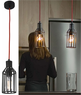Black Cage Pendant Light with Red Flex - Industrial E27 Fixture