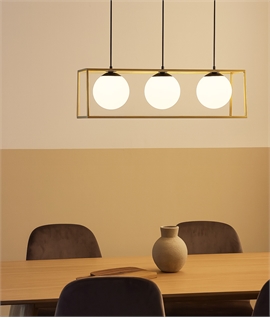 Open Frame Box Light Pendant with 3 Opal Globes - Brass & Black