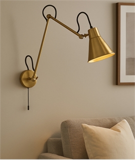 Brass Adjustable Long Reach Wall Light - Black Flex Detail