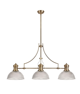 Antique Brass 3 Light Linear Pendant - 30cm Dome Ribbed Shades