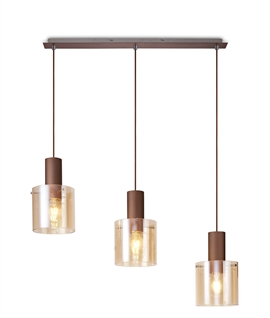 3 Light Linear Pendant - Chrome and Mocha with Amber Shades