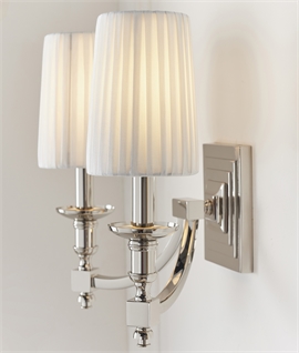 Double Arm Chrome Wall Light with Pleated White Shades