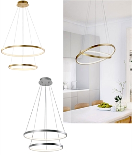 Adjustable 50cm LED 2-Ring Pendant Light – Wire Suspended, Gold or Silver Finish