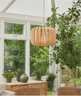 Wooden Light Pendant in Ash with Satin Nickel Wire Suspension