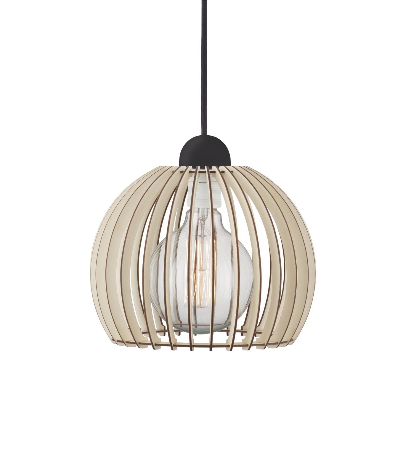 curved wooden slatted pendant with black flex 3 sizes black ball pendant light