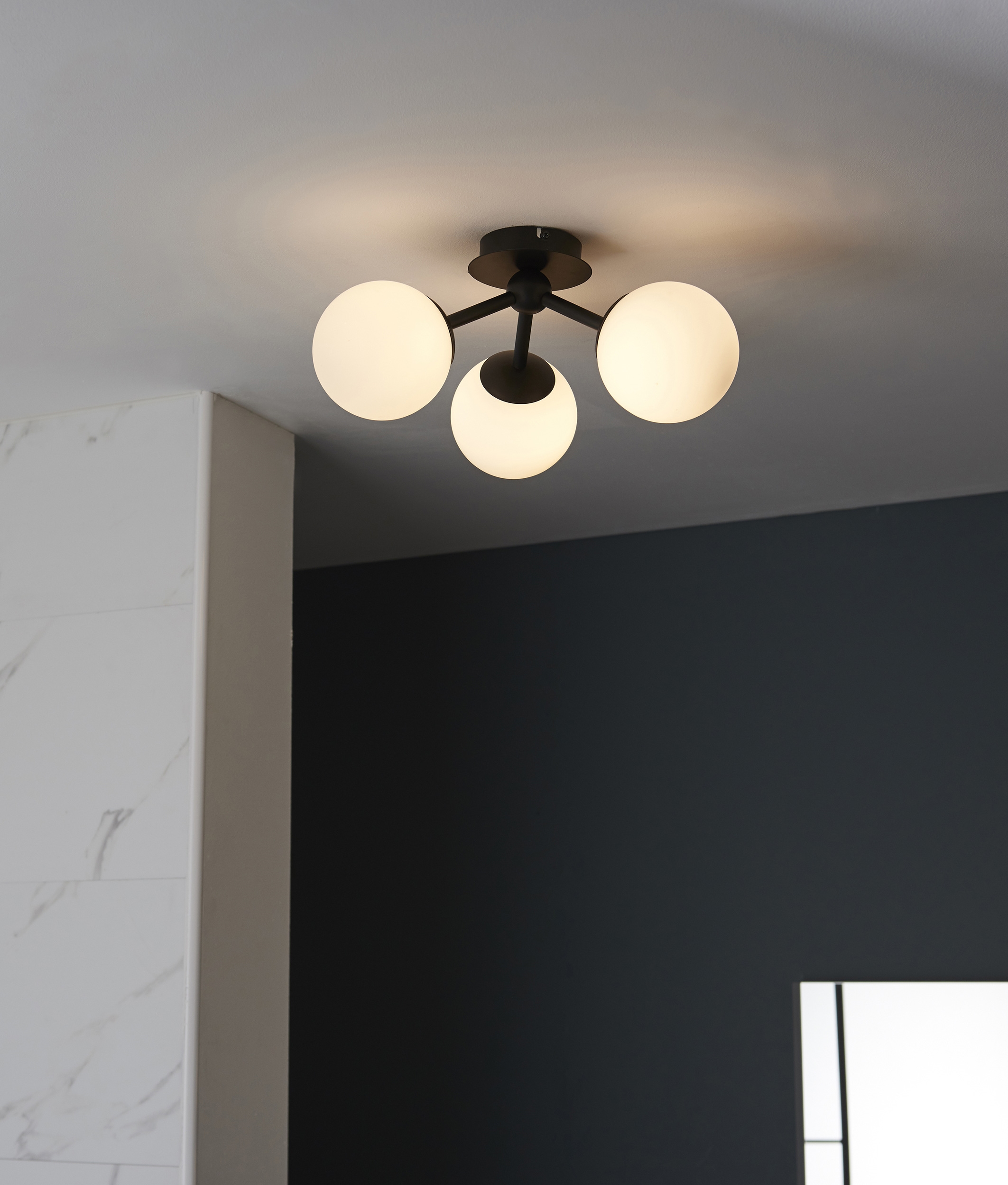 3 Light IP44 Semi Flush Ceiling Light Matt Black & Matt White Glass