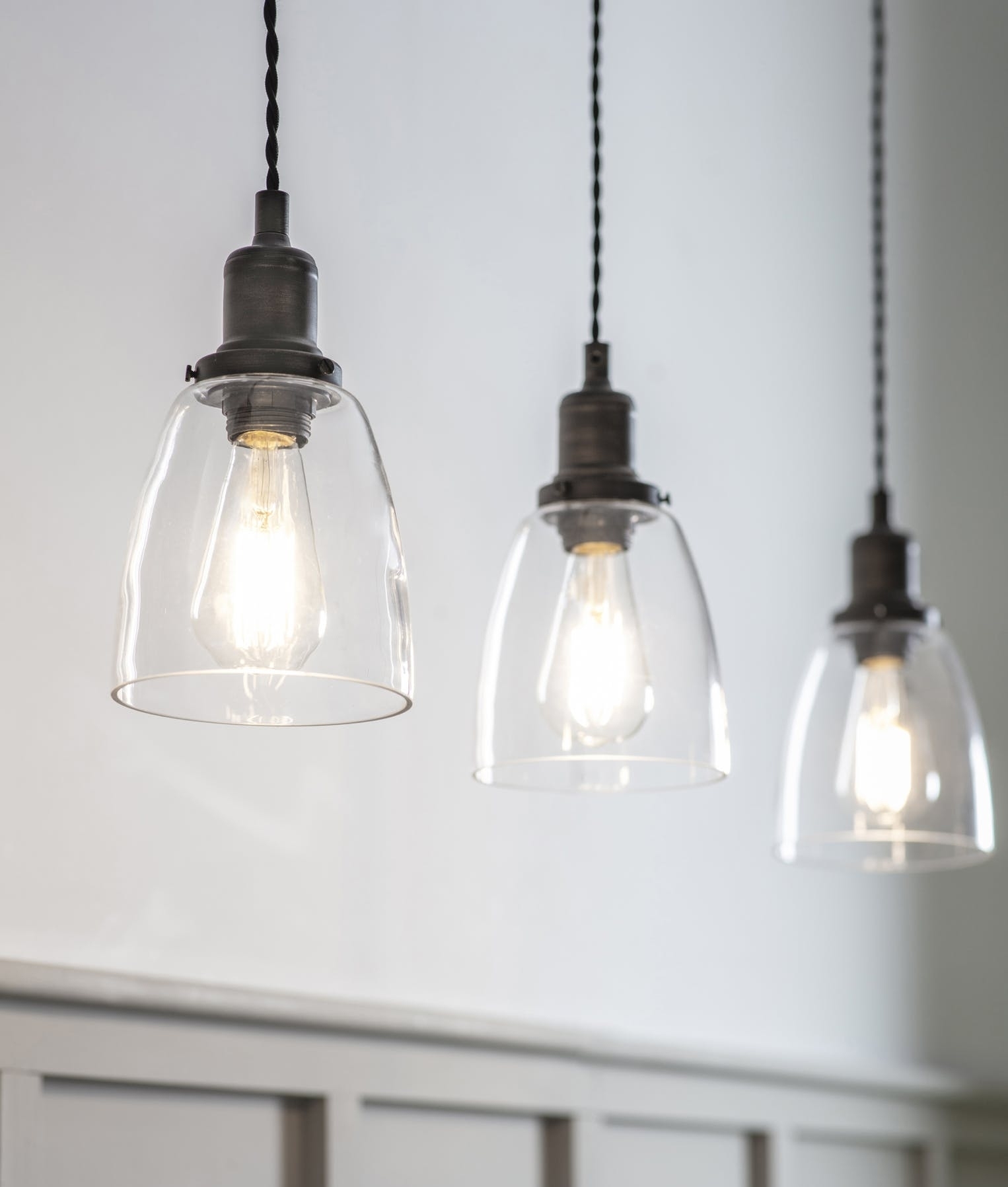 Industrial Cone or Dome Clear Glass Shaded Triple Bar Ceiling Light