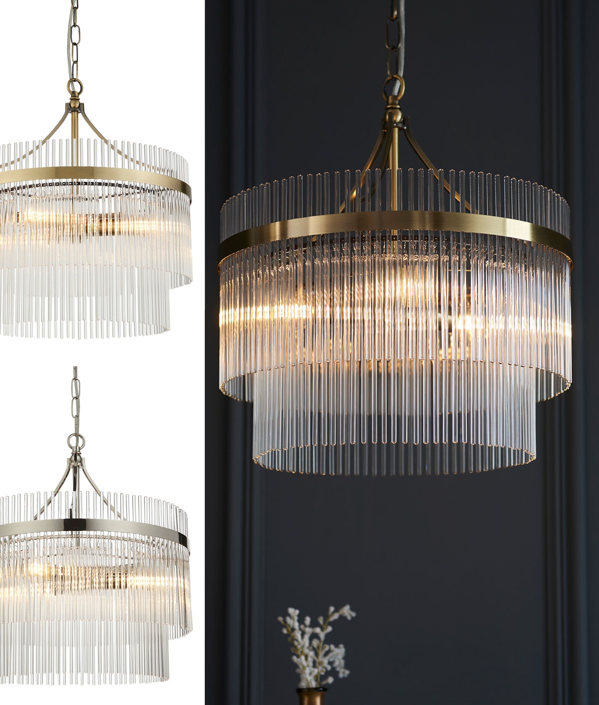 Modern 3 Light Glass Chandelier Nickel or Brass