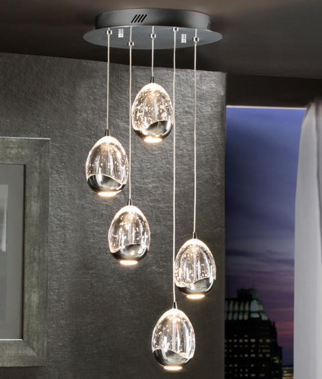 Chrome Or Gold Led Glass Ball Pendant With 5 Lights