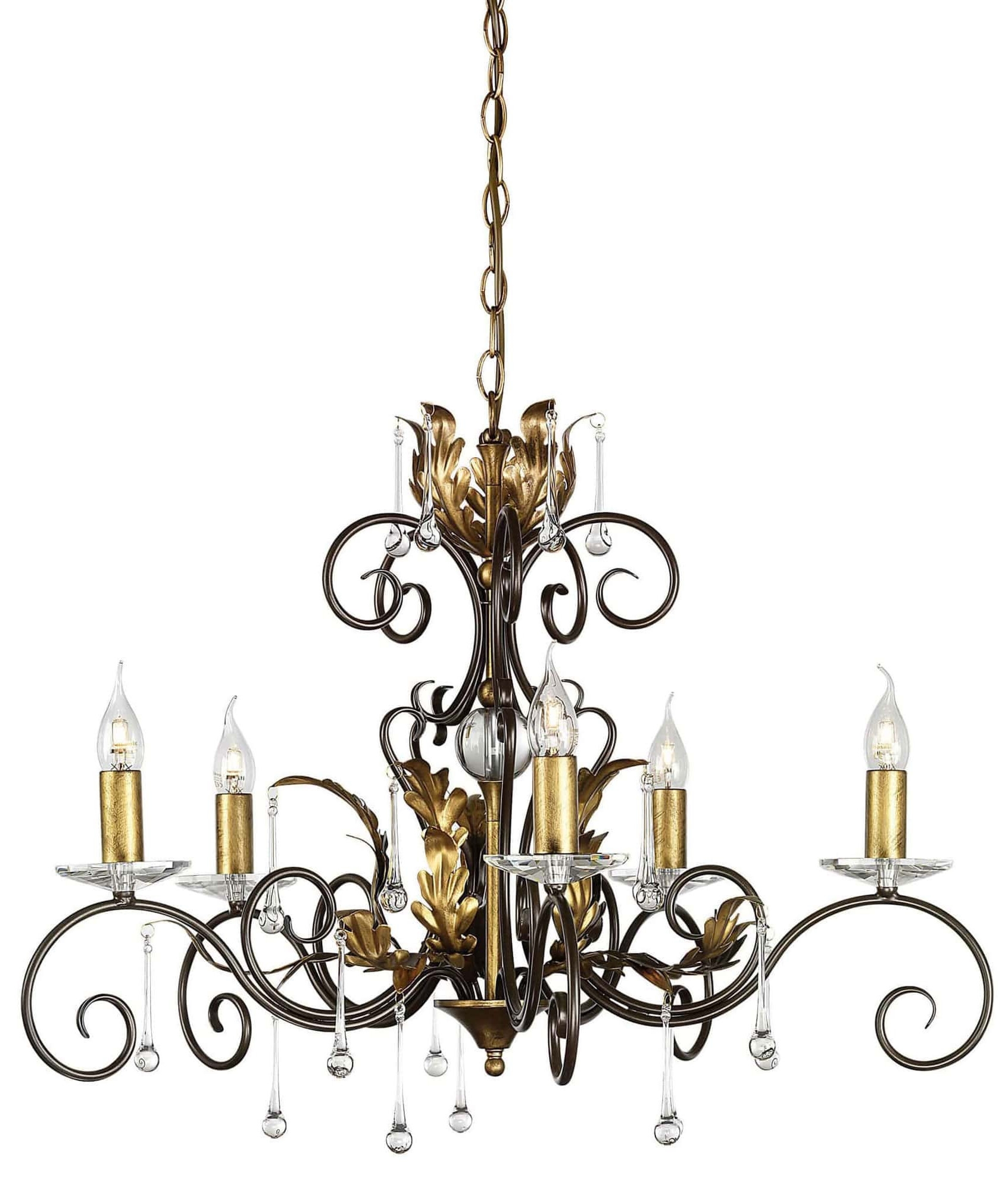 Decorative chandelier with 5 arms, crystals & scrolls