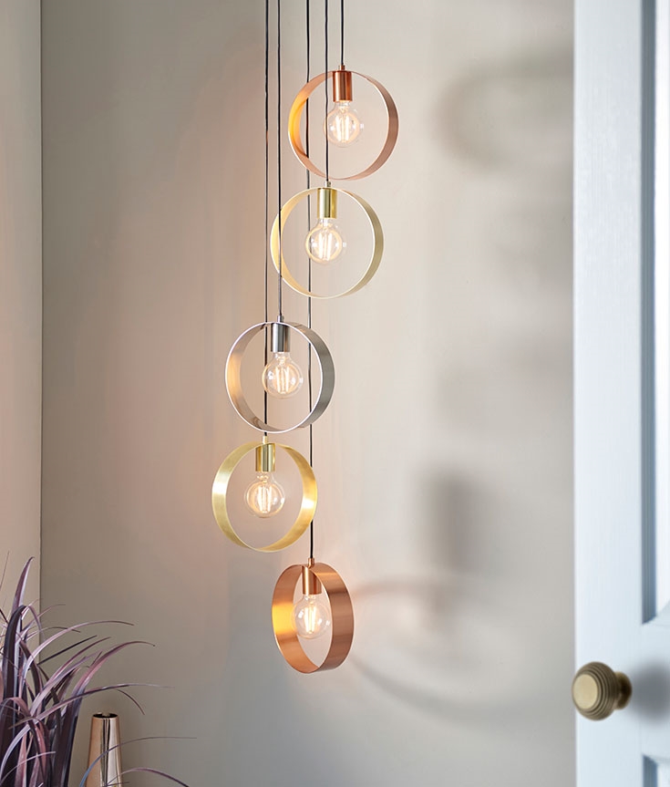 Multiple Finish 5 Ring Pendant With Bare Lamp - 5 Drop Pendant Lights Multiple Finish 5 Ring Pendant With Bare Lamp - 5 Drop Pendant Lights