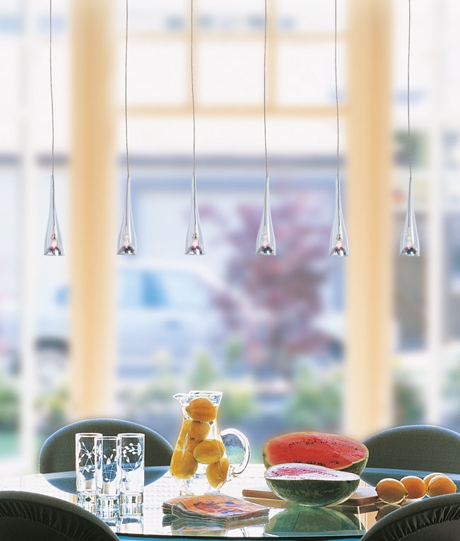 Glass Ceiling Pendant Light Over Tableware Bar can be shortened as required