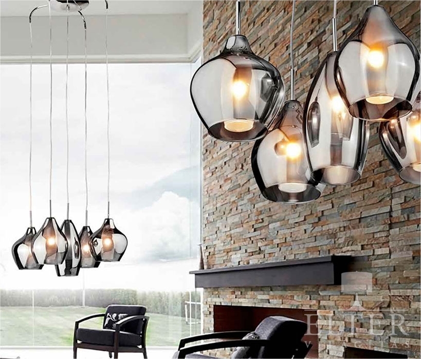 Gorgeous Five Light Cluster Pendant with Smoked & Iridescent Glass Shades