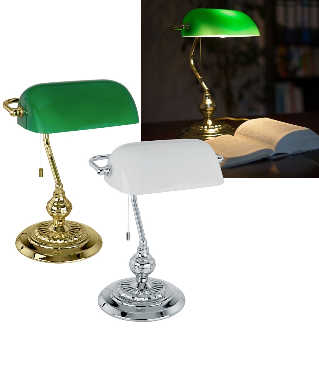 Traditional Bankers Glass Shade Table Lamp, Brass Desk Lamp With Green Glass Shade