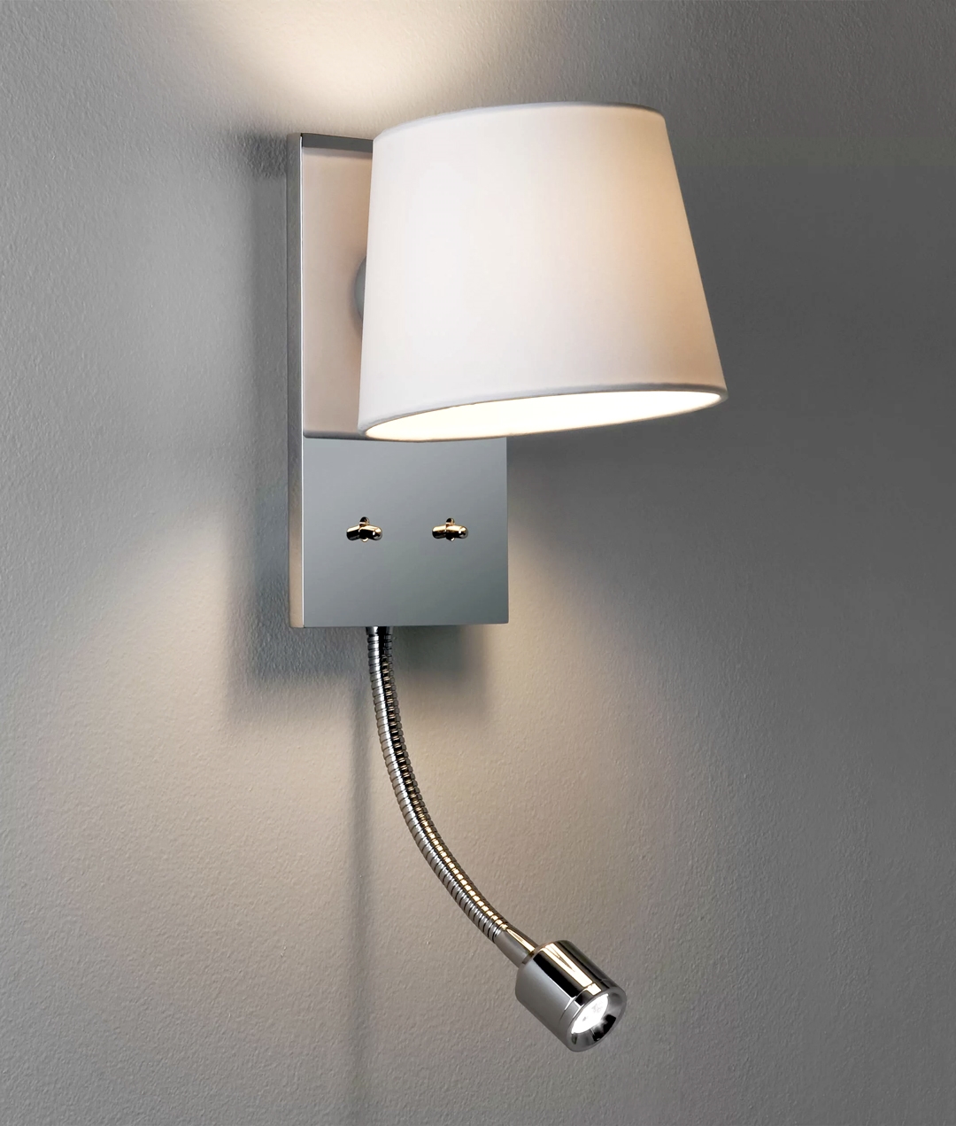 Dual purpose bedside wall light with adjustable LED reading lamp