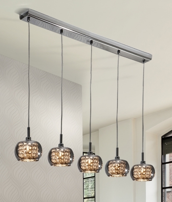 Chrome Smoked Glass Crystal 5 Light Pendant Bar Smoked Glass Crystal Five Light Flush Ceiling Wall Lights Also Available