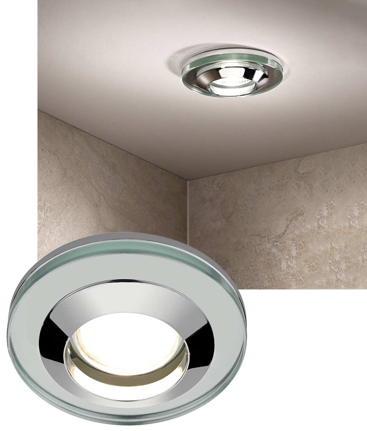 Glass Downlight Designed for Safe use in Bath and Showers Mains GU10
