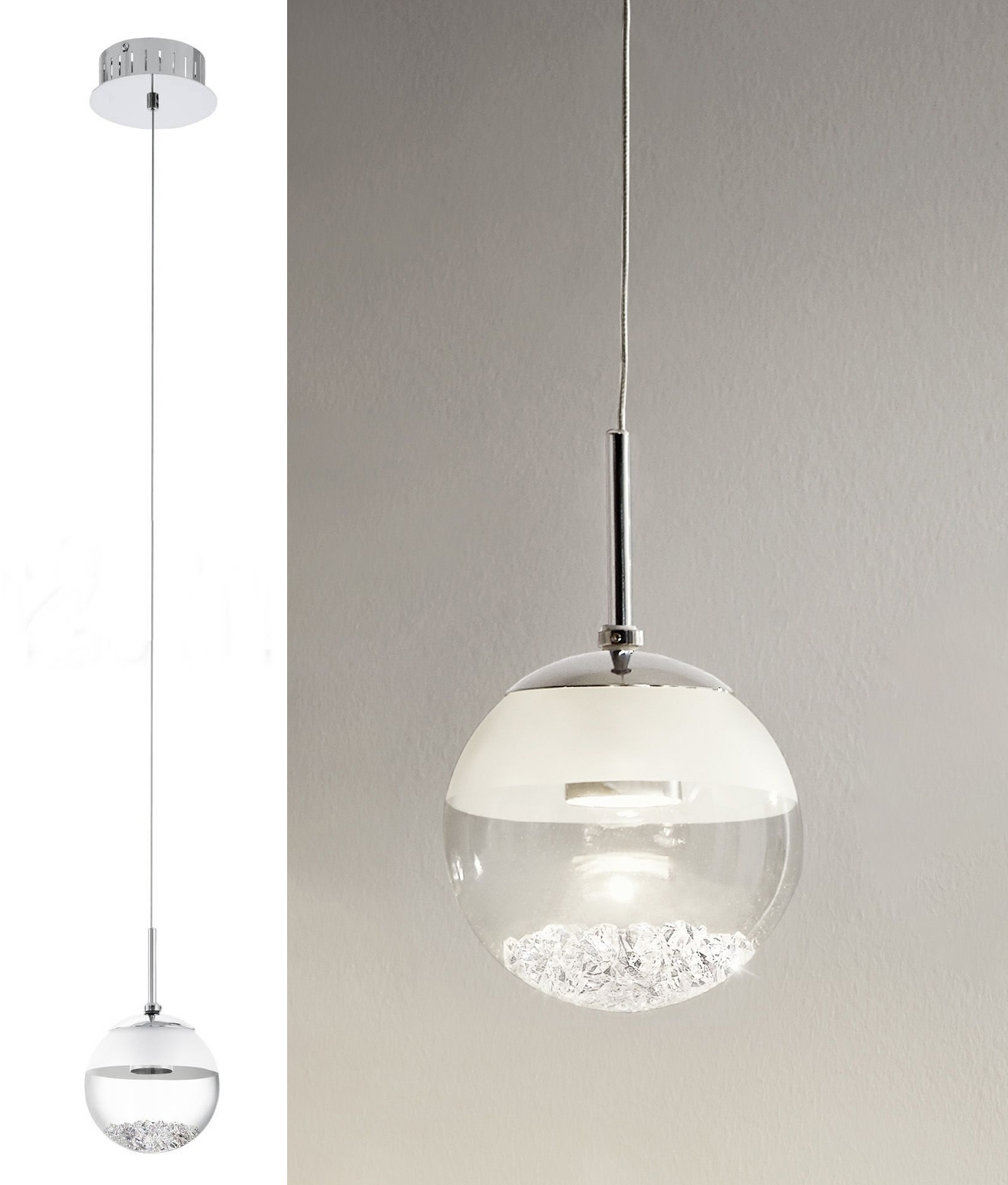 Small Glass Globe Pendant Light Chrome with Crystals Inside. LED