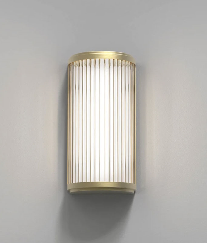 Flush Art Deco Styled Bathroom Wall Light Reeded Glass Gold