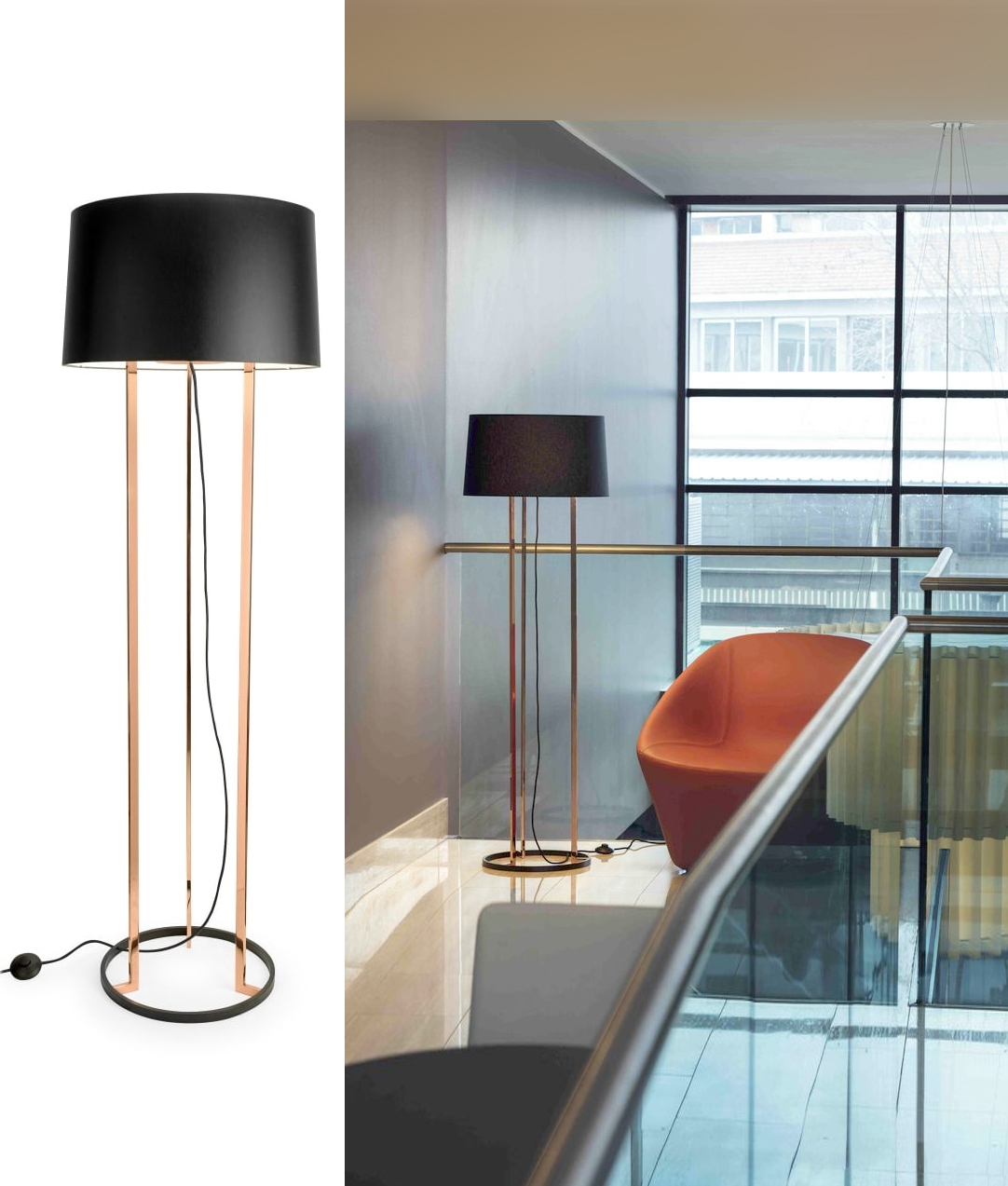 Large Designer Rose Gold & Black Shaded Floor Lamp