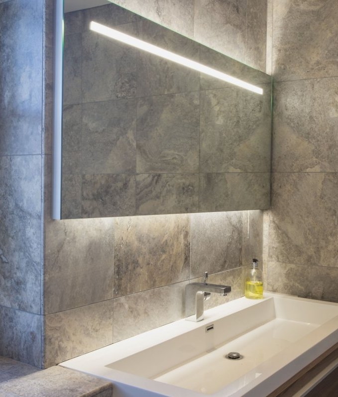 Wide illuminated bathroom mirror with backlit effect for double or wide