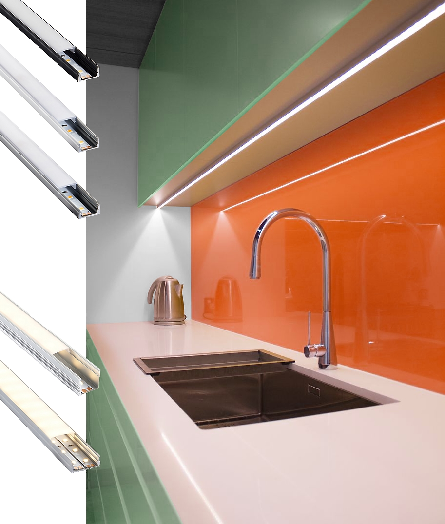 Kitchen Lighting for Under Wall Units. Slimline, deep and corner profiles for LED tape diffused LED profile for use under cabinets