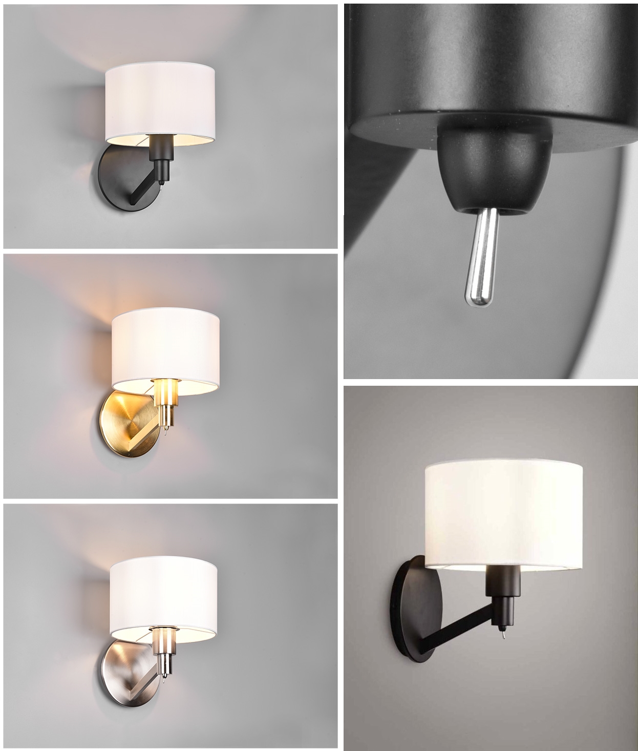Elegant Switched Contemporary Bedside Wall Light with White Fabric