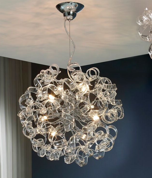 Ball Pendant Light With Curly Ribbons Of Glass Medium Or Large Ball Pendant Light With Curly Ribbons, Crystal Ball Hanging Chandelier