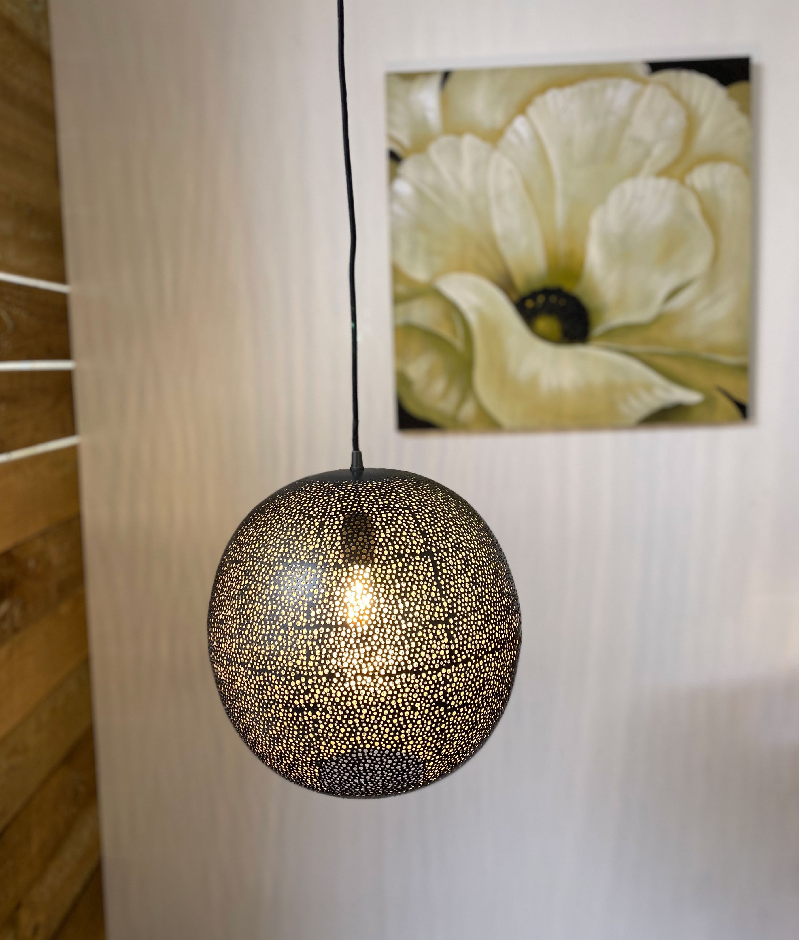 Pierced Metal Globe Light Pendant in Pewter Finish
