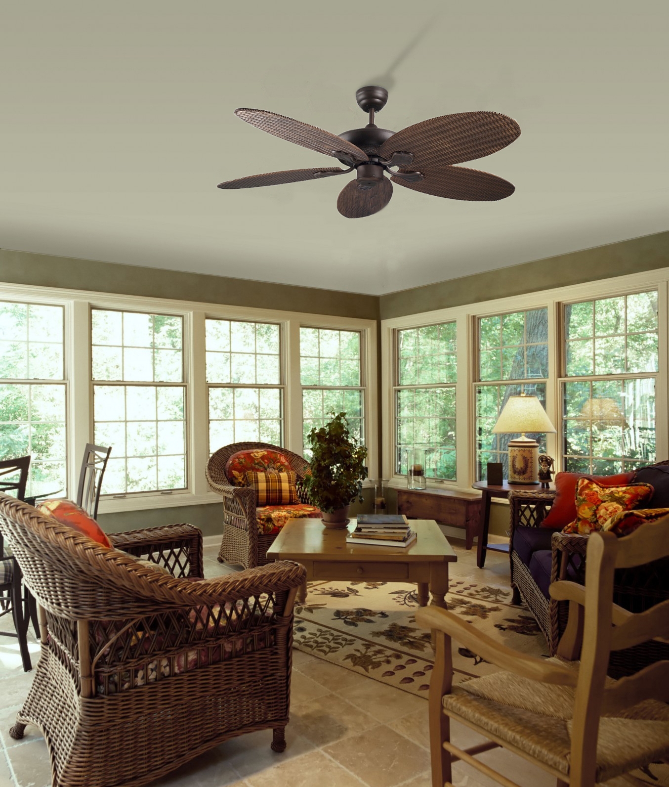 Rattan Style Ceiling Fan With Pull Cords And No Light Feature