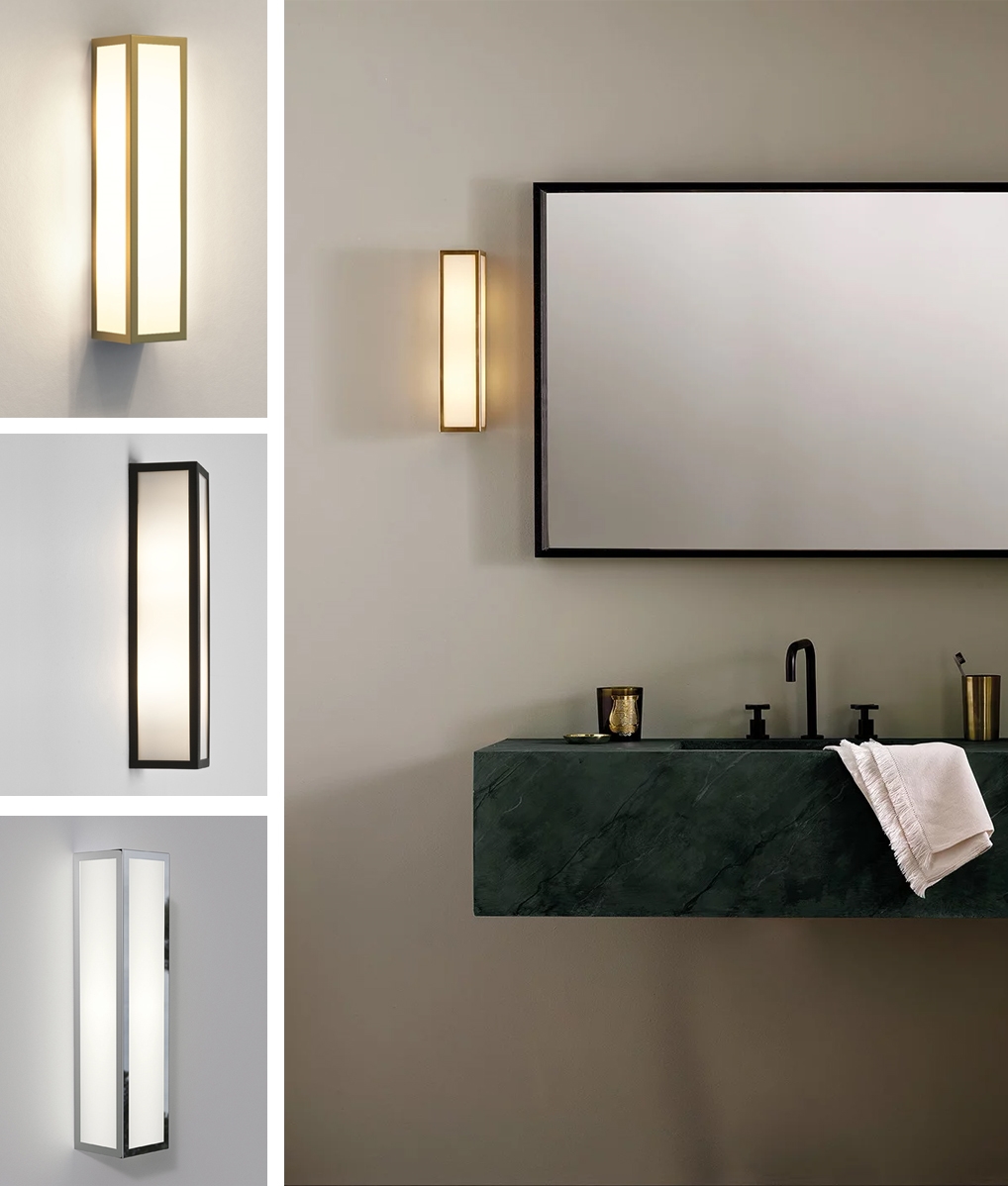 Tall Led Wall Lantern Safe For Use In Bathrooms Or Outside With Opal Glass Framed In Black Brass Nickel Or Black Metalwork