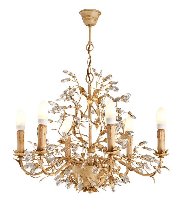 Gold Patina Chandelier Crystal Droplets Decorative Leaves