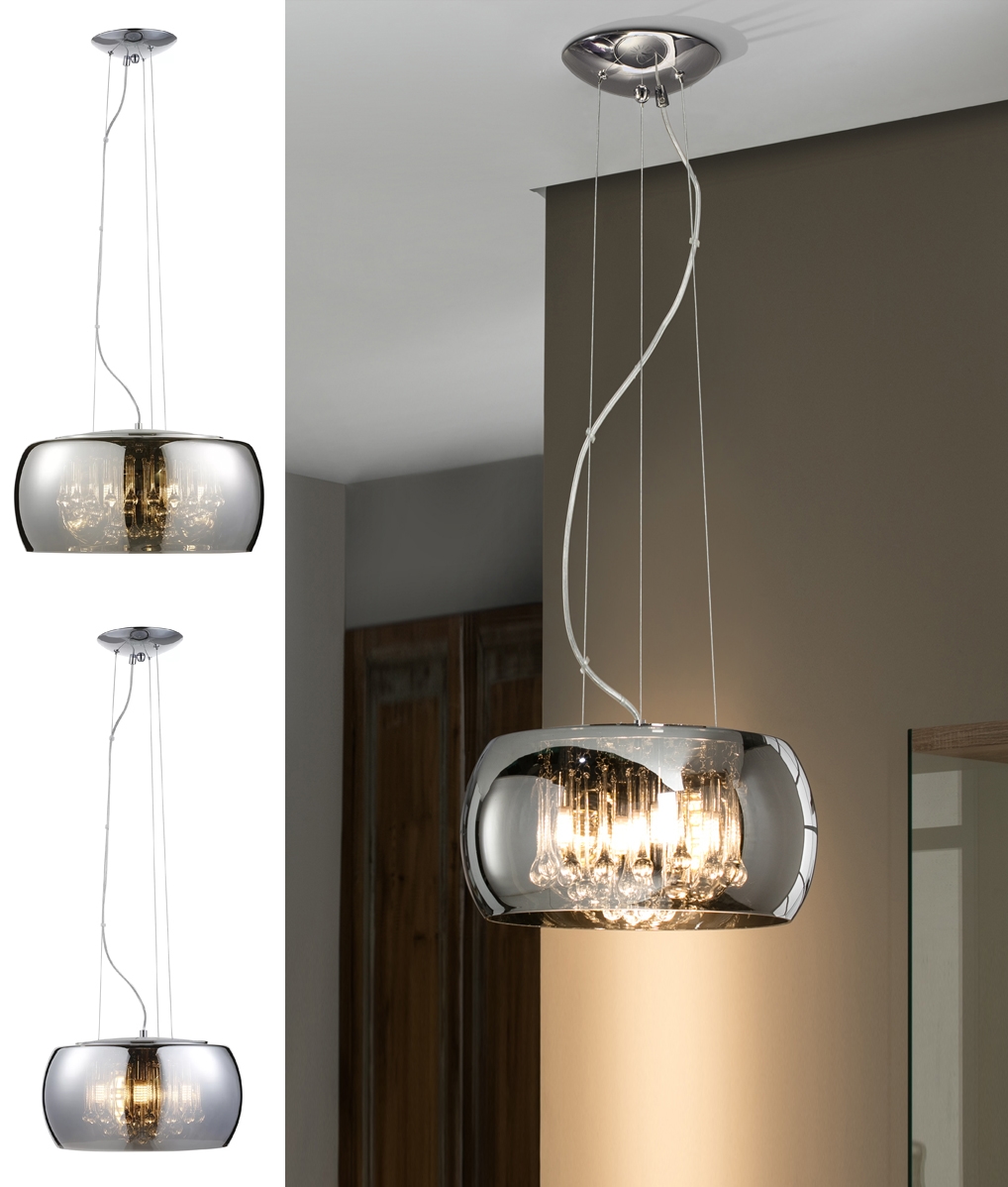 In Two Sizes These Glass Drum Pendants Have Crystal Drops On The Inside