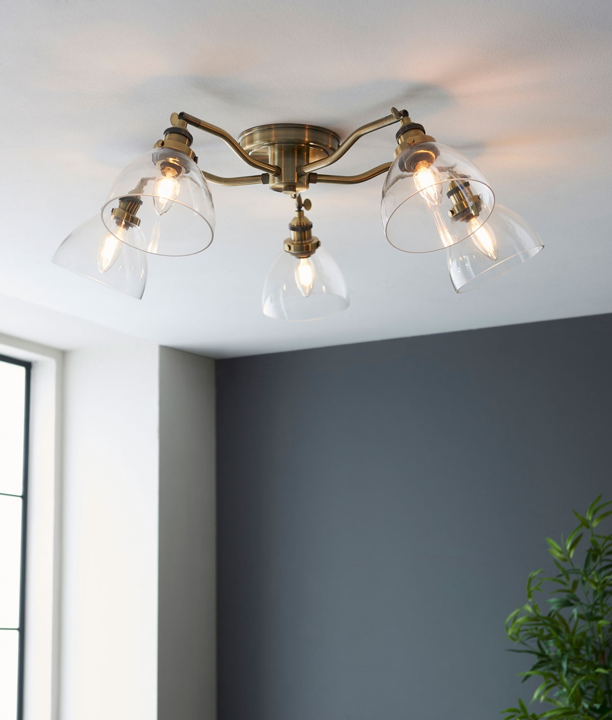 Adjustable Shade 5 Light Semi Flush Brass and Clear Glass Ceiling Light