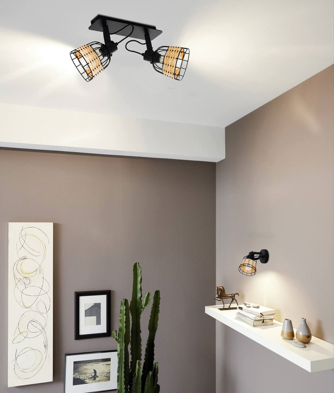 Adjustable Black and Rattan Shade Ceiling Spotlights
