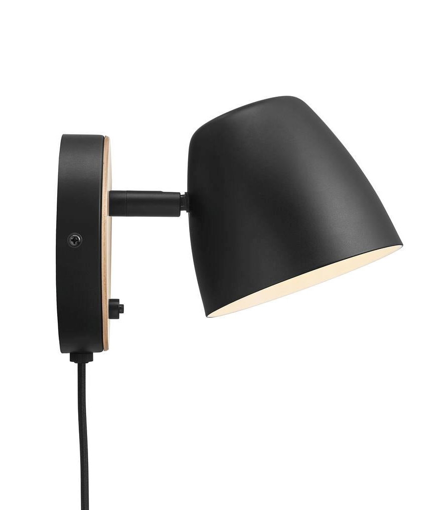 Black Metal Adjustable Shade Wall Light with Ash Wood Detail