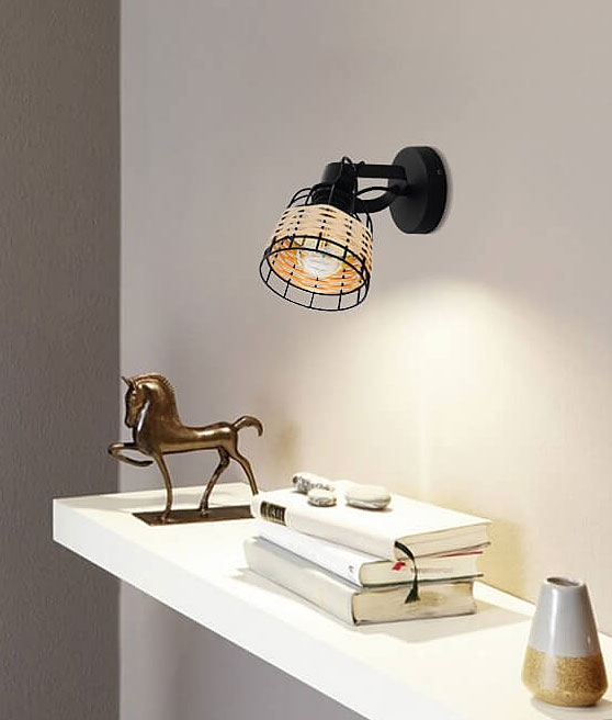 Boho Single Adjustable Black Wire and Rattan Spot Light For Walls or